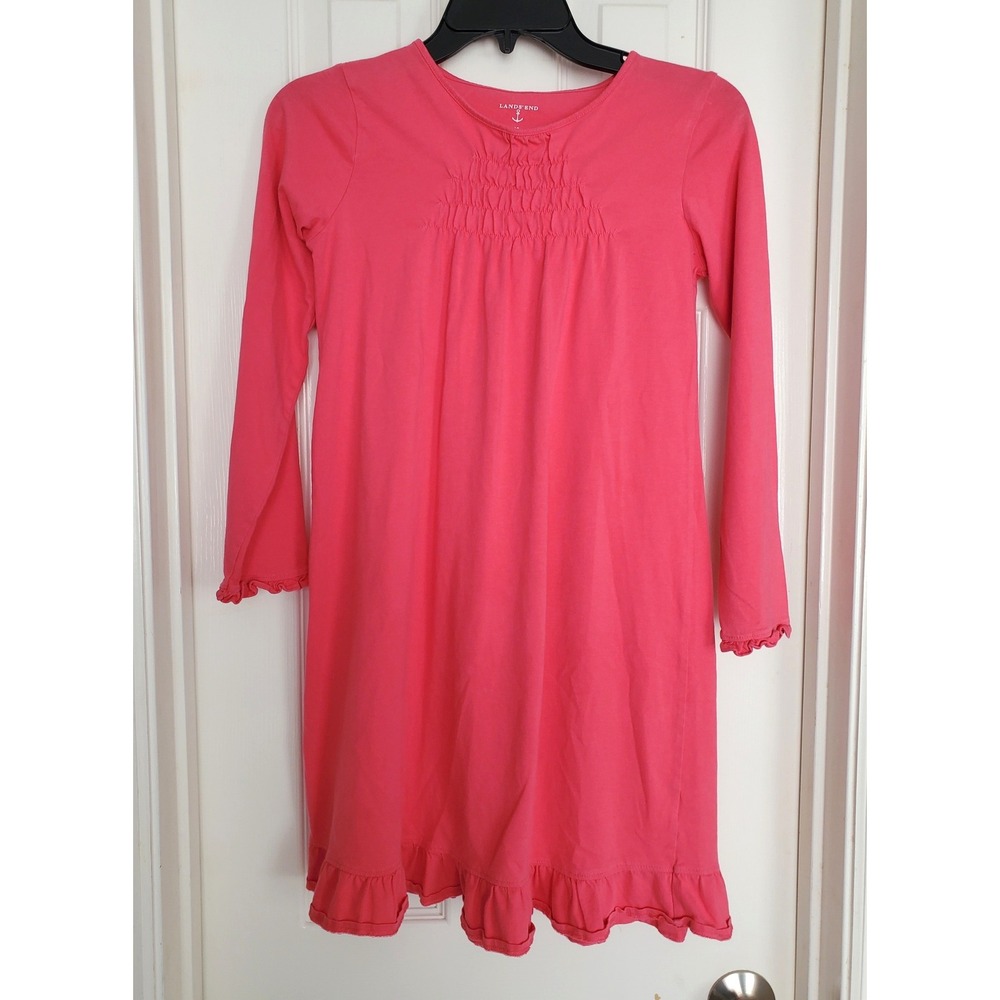 Lands End Nightgown Pink Smocked Cotton Long Sleeve Ruffle Hem Sleep Dress 10